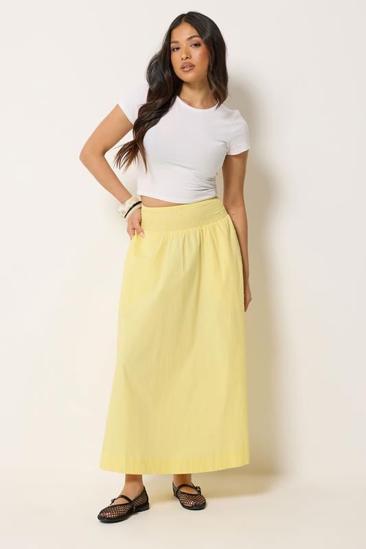 PixieGirl Petite Women's Yellow Poplin Shirred Cotton Maxi Skirt | PixieGirl 1