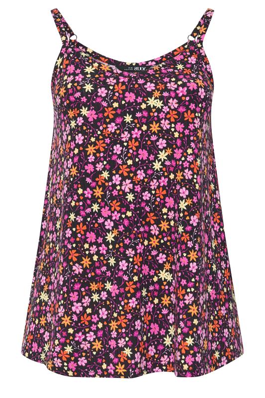 YOURS Plus Size Black & Pink Floral Ribbed Swing Vest Top | Yours Clothing 1