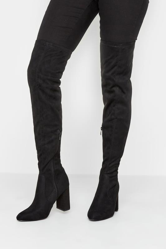 Petite  PixieGirl Black Faux Suede Heeled Over The Knee Boots In Standard D Fit