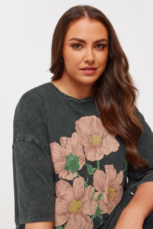 YOURS Plus Size Grey Floral Print Acid Wash Boxy T-Shirt | Yours Clothing 5