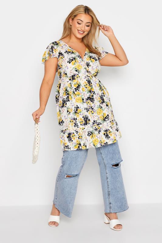 Plus Size Yellow Floral Print Frill Wrap Tunic Top | Yours Clothing 2