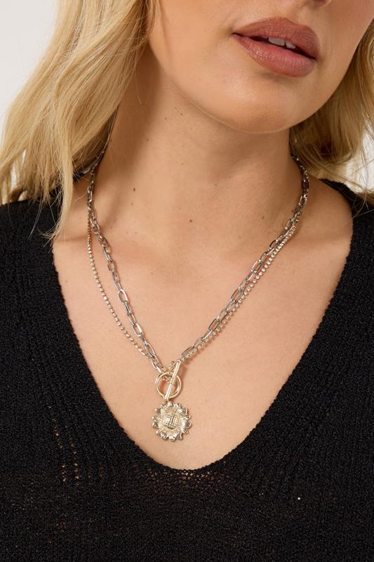 Gold & Silver Tone Pendant Flower Layered Chain Necklace | Yours Clothing 1