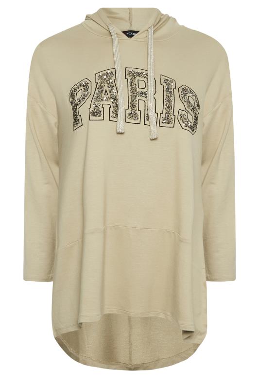 YOURS Plus Size Beige Brown 'Paris' Sequin Slogan Longline Hoodie | Yours Clothing 6