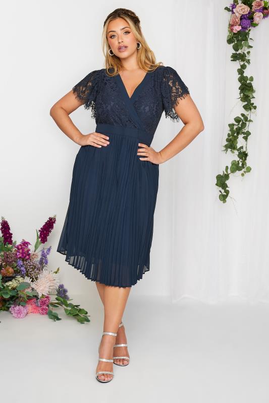 YOURS LONDON Curve Navy Blue Lace Wrap Pleated Midi Dress | Yours Clothing 2