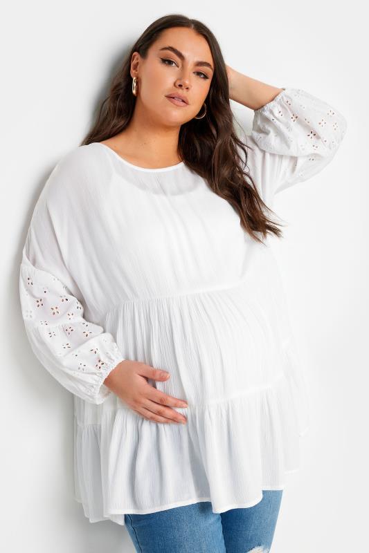 BUMP IT UP MATERNITY Plus Size White Broderie Tiered Top | Yours Clothing 2