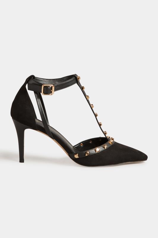 LTS Black Studded T-Bar Court Heel Shoes in Standard Fit | Long Tall Sally 3