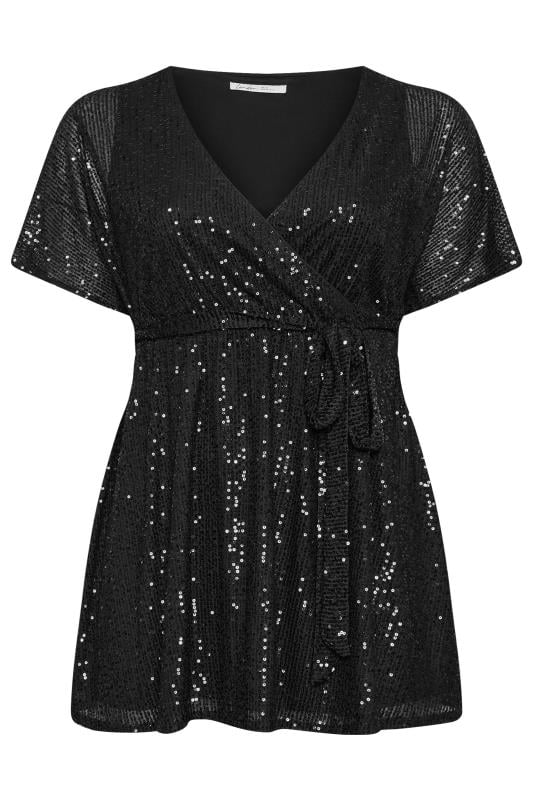 YOURS LONDON Plus Size Black Sequin Wrap Top | Yours Clothing  5