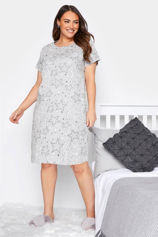 Plus Size Grey Star Print Placket Nightdress | Yours Clothing  2