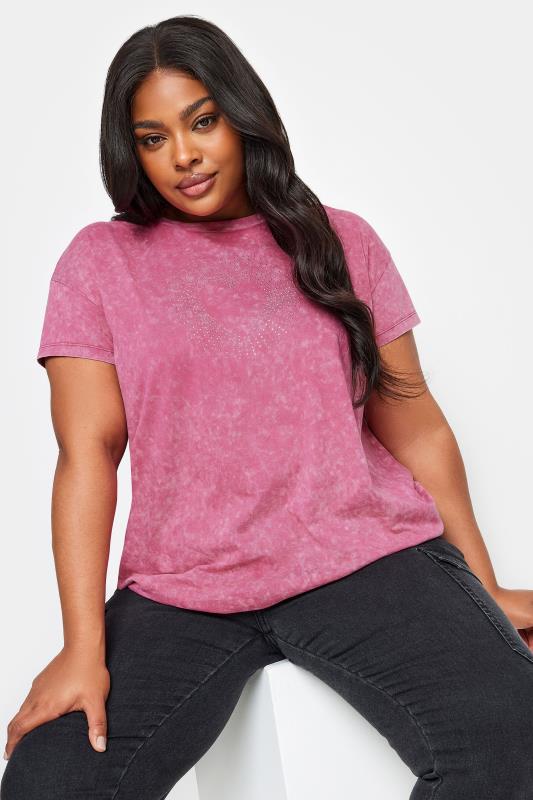 YOURS Plus Size Pink Acid Wash Star Stud T-Shirt | Yours Clothing 1