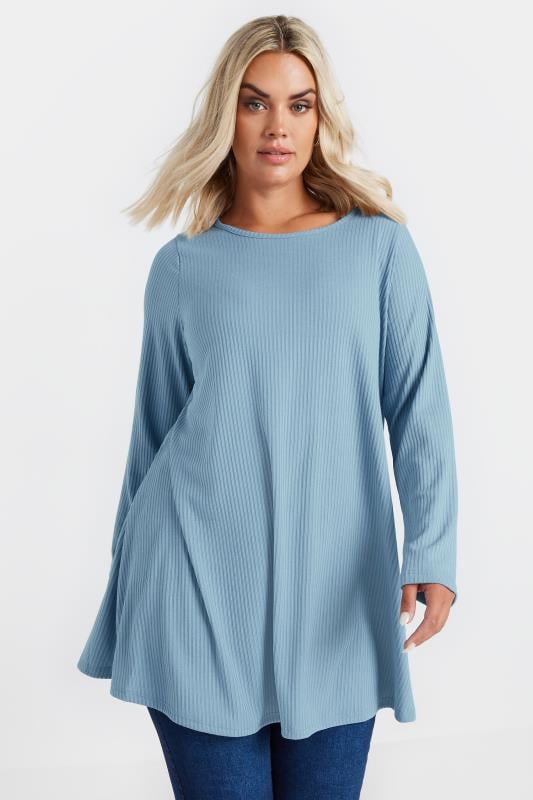 Plus Size  YOURS Curve Light Blue Ribbed Swing Top