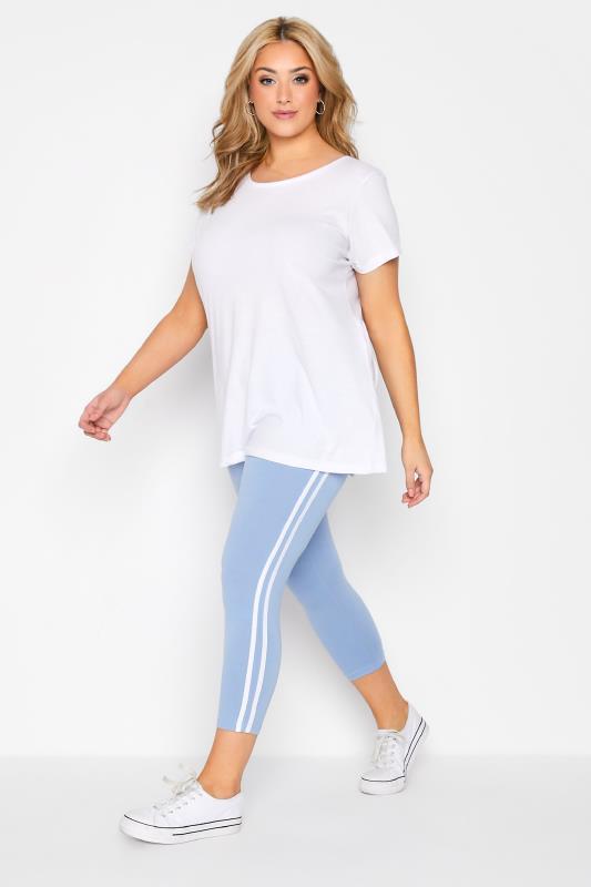 Plus Size Light Blue Double Side Stripe Stretch Cropped Leggings | Yours Clothing 2