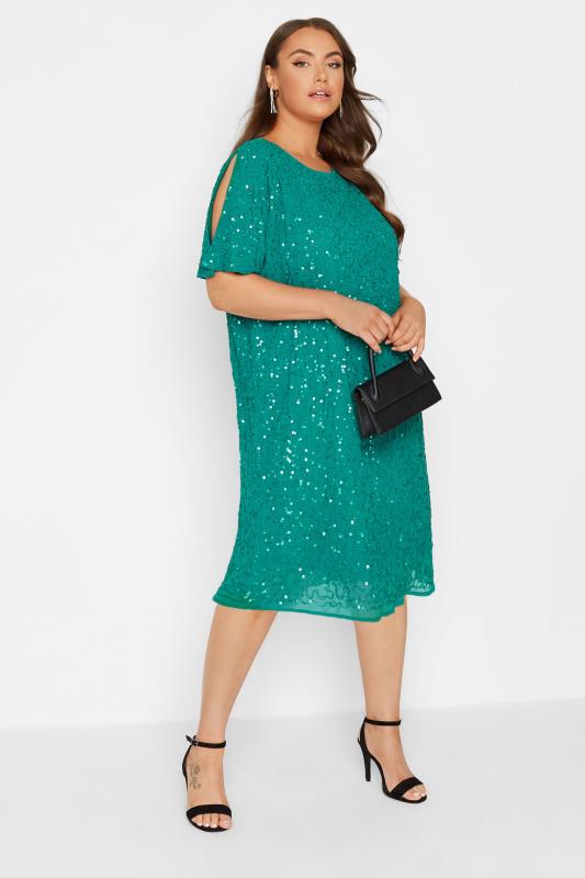 LUXE Curve Teal Blue Sequin Hand Embellished Cape Dress 2