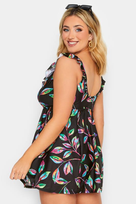 YOURS Curve Plus Size Black Tropical Print Frill Swimdress | Yours Clothing  2