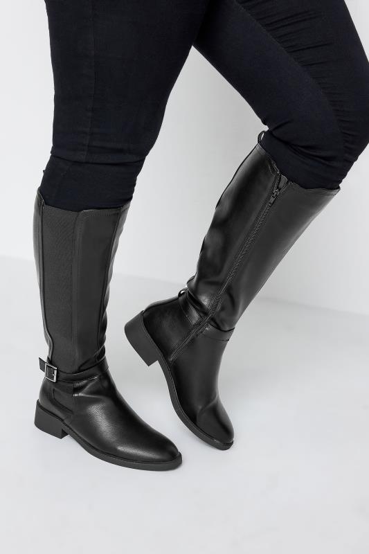 Tall  Black Faux Leather Buckle Knee High Boots In Wide E Fit & Extra Wide EEE Fit