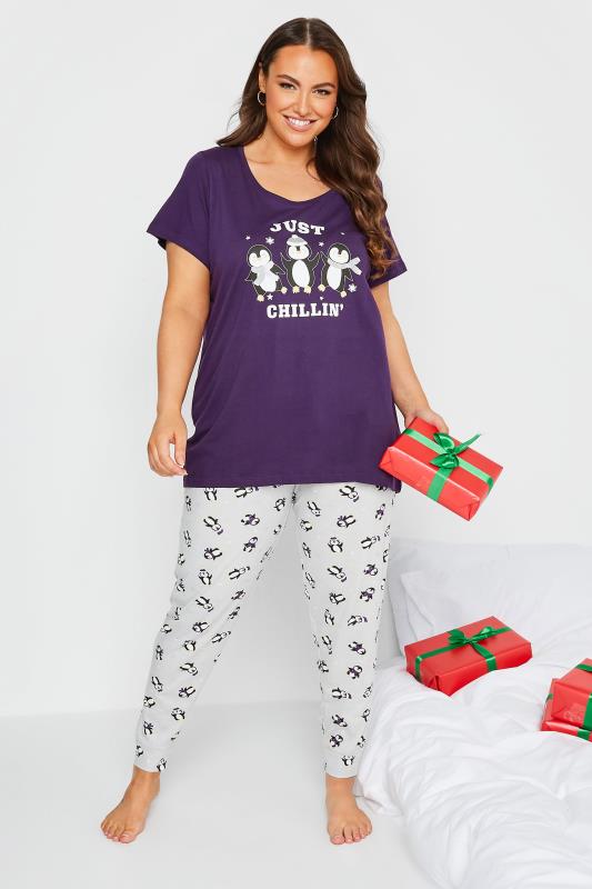 Plus Size  Curve Purple & White 'Just Chillin' Pyjama Set