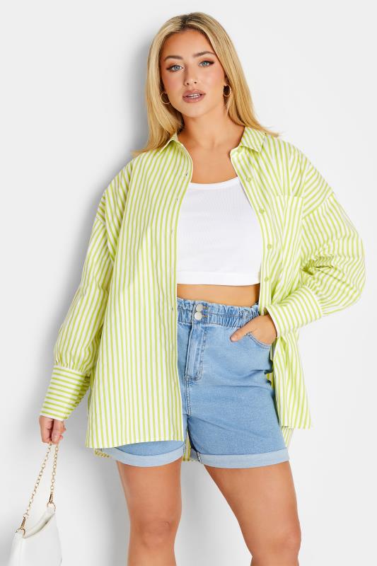 YOURS Plus Size Lime Green Stripe Poplin Oversized Shirt| Yours Clothing 1