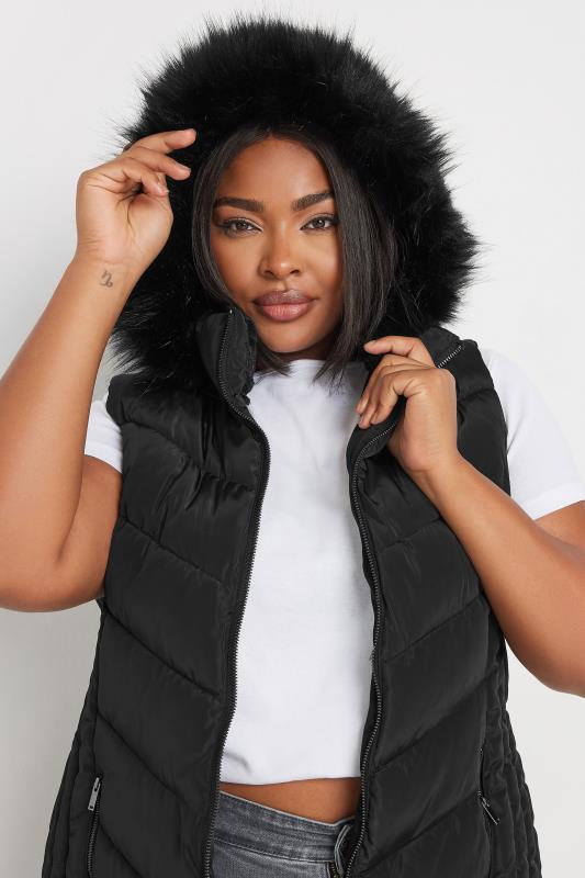 YOURS Plus Size Black Faux Fur Trim Padded Gilet | Yours Clothing 4