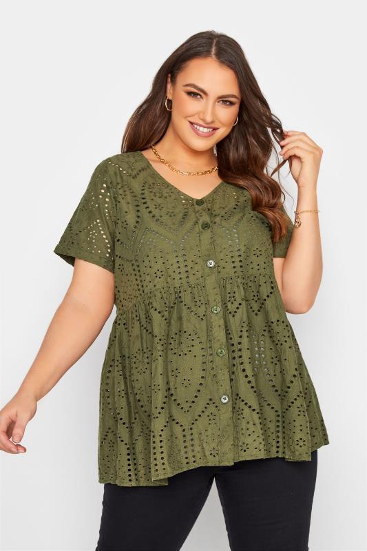 Curve Khaki Green Broderie Anglaise Lace Peplum Top 1