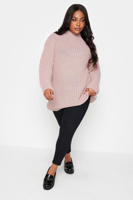 YOURS Curve Pink Funnel Neck Oversized Knitted Jumper | Yours Clothing 2