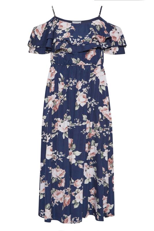 Plus Size YOURS LONDON Curve Navy Blue Floral Bardot Ruffle Bridesmaid Maxi Dress | Yours Clothing  6