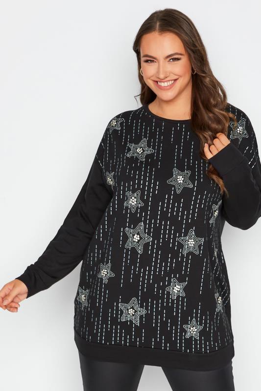 Plus Size Black Diamonte Embellished Star Sweatshirt | Yours Clothing  1