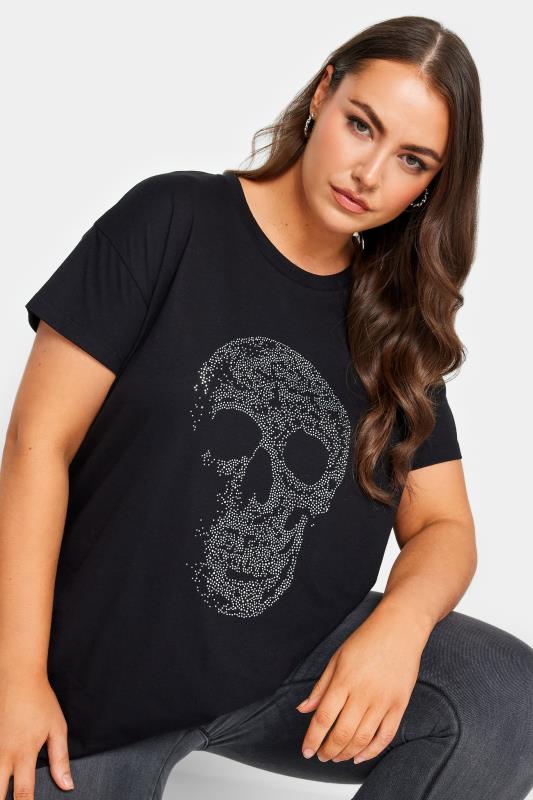 YOURS Curve Black Skull Print Stud Design T-Shirt | Yours Clothing 4
