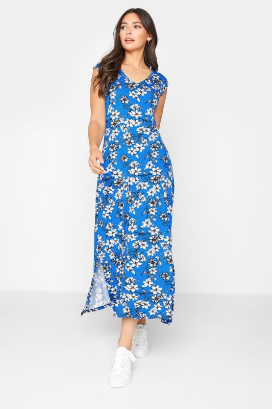 LTS Tall Blue Floral Print V-Neck Midi Dress_A.jpg