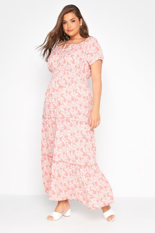 Plus Size  Curve Pink Floral Bardot Maxi Dress