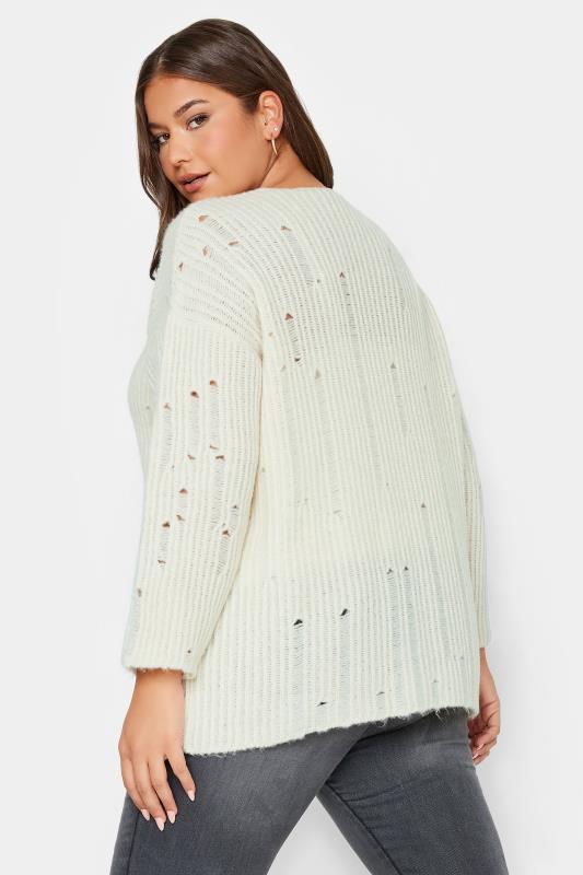 YOURS Plus Size Ivory White Distressed Knit Jumper | Yours Clothing 4