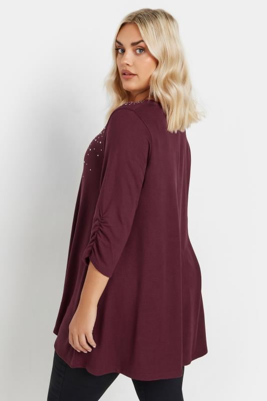 YOURS Plus Size Burgundy Red Diamante Stud Swing Top | Yours Clothing  3