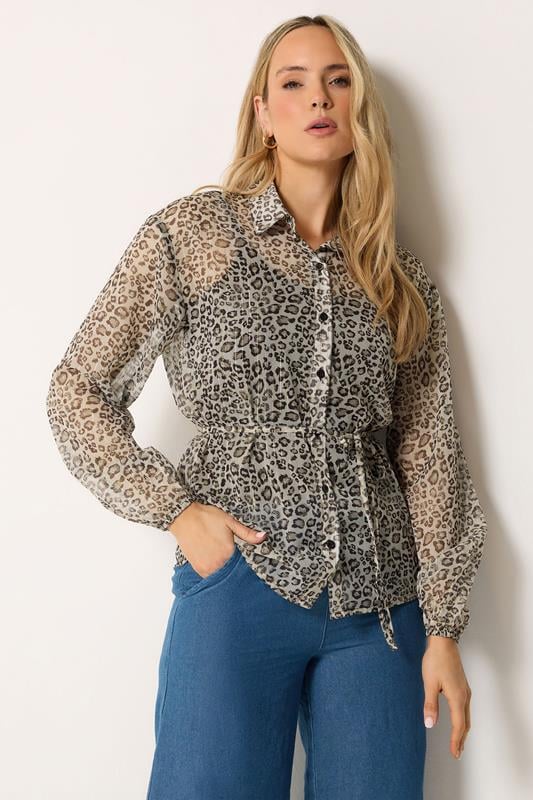  LTS Tall natuurlijk bruine chiffon hemd met luipaardprint 