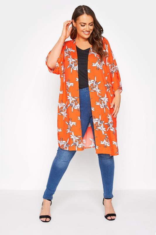  dla puszystych YOURS LONDON Curve Orange Floral Longline Kimono