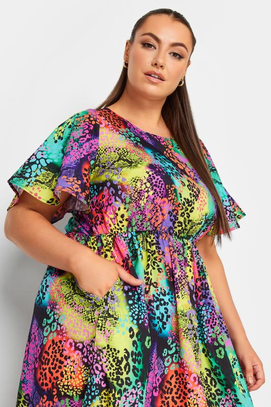 YOURS Curve Plus Size Black Rainbow Leopard Print Midi Dress | Yours Clothing  4