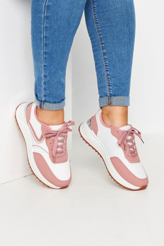 Plus Size  White & Pink Contrast Chunky Trainers In Wide E Fit
