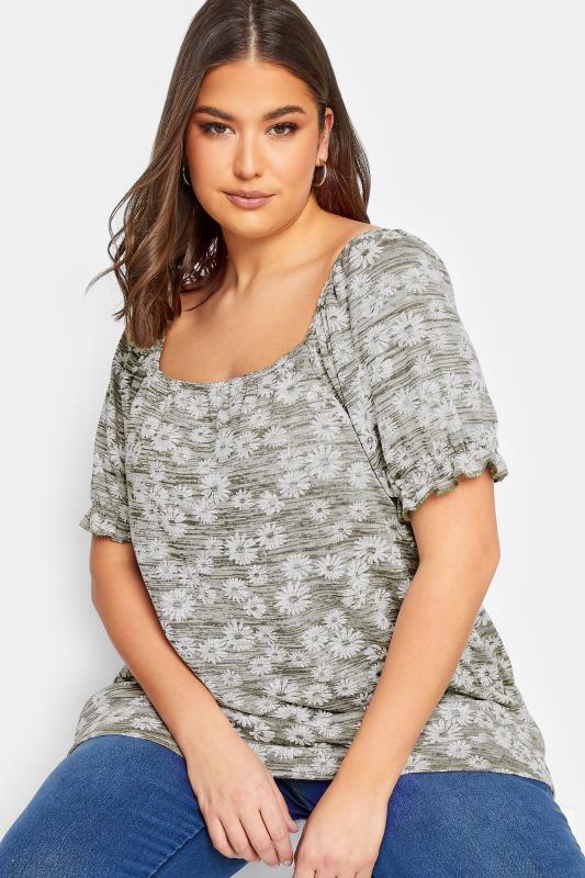 YOURS Plus Size Green Marl Ditsy Floral Top | Yours Clothing 4