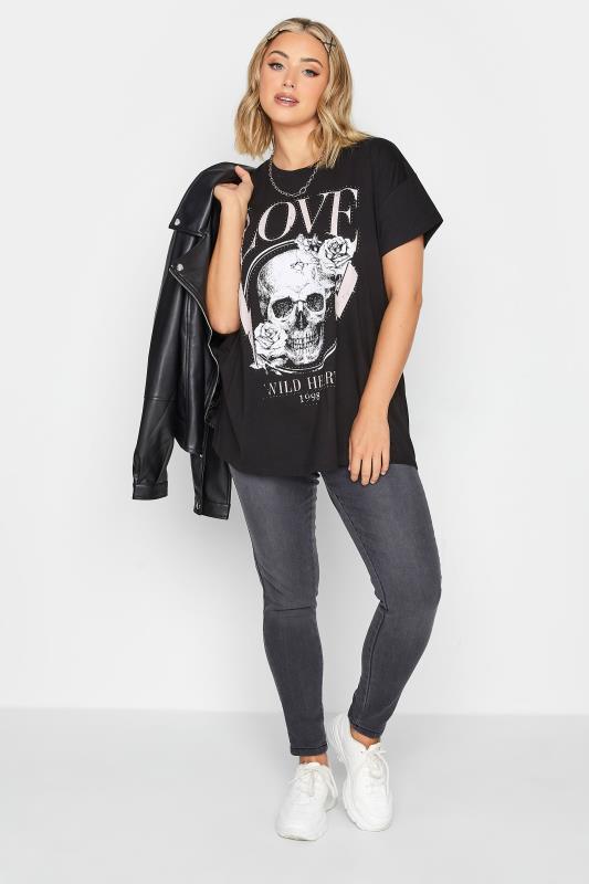 YOURS Plus Size Black Skull Print 'Love' T-Shirt
