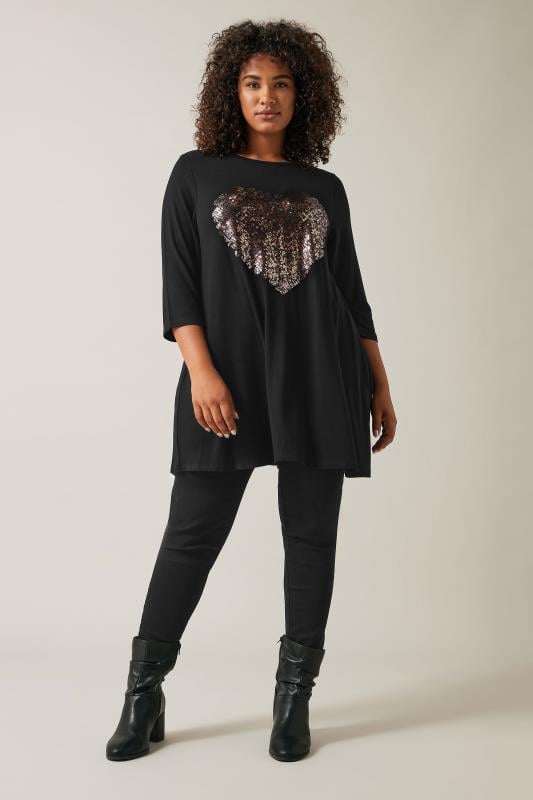 EVANS Plus Size Black Sequin Embellished Heart Top | Evans  2