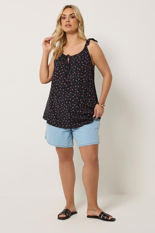YOURS Plus Size Black Ditsy Floral Vest Top | Yours Clothing 1