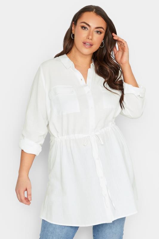 YOURS Curve White Utility Tunic Linen Blend Shirt | Yours Clothing  1