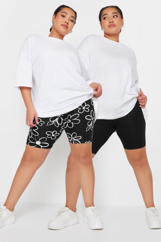  YOURS Curve 2 PACK Black Floral Print Cycling Shorts