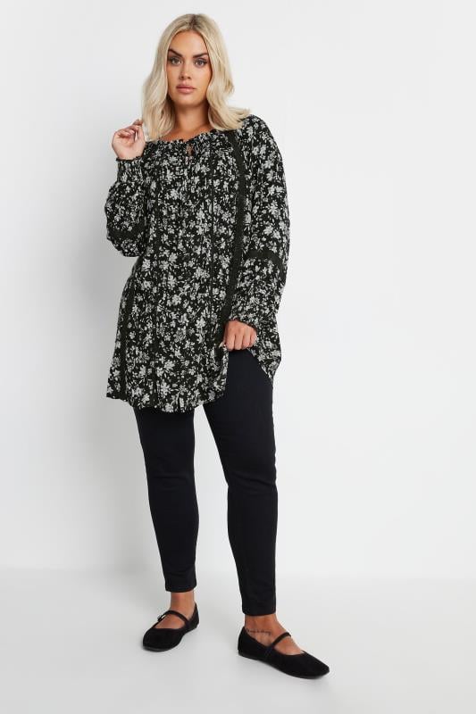 YOURS Plus Size Black Floral Print Tie Neck Boho Top | Yours Clothing 2