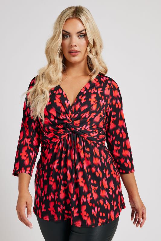 Plus Size  YOURS LONDON Curve Red Abstract Print Knot Front Top