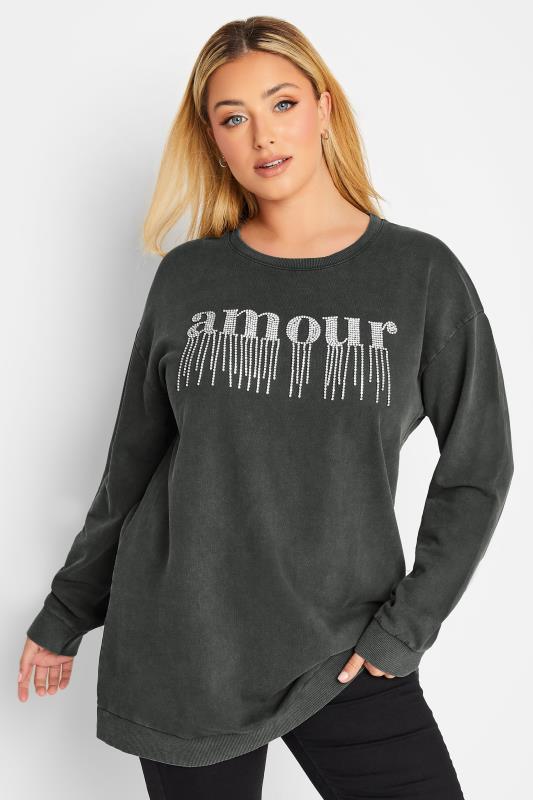 YOURS LUXURY Plus Size Grey 'Amour' Diamante Embellished Sweatshirt | Yours Clothing 1
