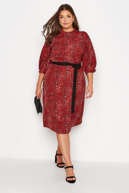 YOURS LONDON Plus Size Red Animal Print Ruffle Neck Dress | Yours Clothing 2