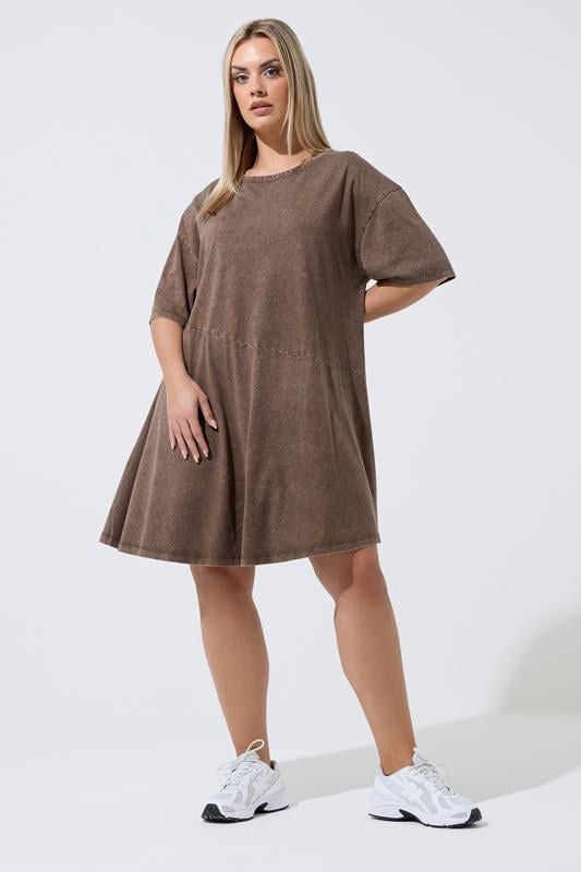LIMITED COLLECTION Plus Size Chocolate Brown Acid Wash Dress | Yours Clothing 1