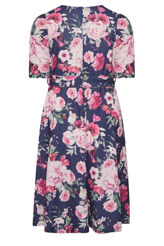 YOURS LONDON Curve Plus Size Navy Blue & Pink Floral Skater Dress | Yours Clothing  7