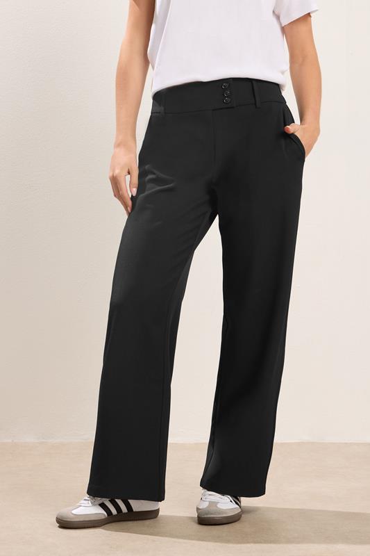 PixieGirl Petite Women's Black Button Tab Detail Wide Leg Trousers | PixieGirl 1