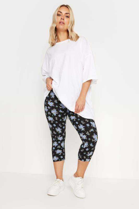 YOURS Plus Size 2 PACK Black & Blue Floral Print Cropped Leggings | Yours Clothing 3