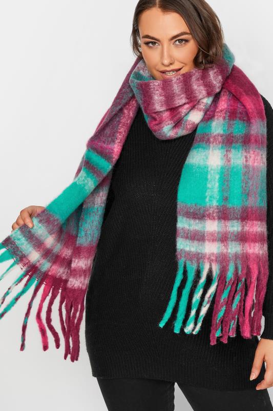 Plus Size  Pink & Green Check Chunky Tassel Scarf