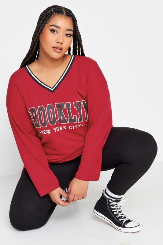 Plus Size  YOURS Curve Red 'Brooklyn' Varsity Oversized T-Shirt